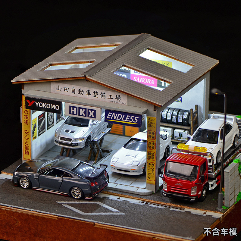 Led Assortment Kit - 1:64スケールDIY自動車修理工場ジオラマキット（LEDライト付き）、ミニチュアガレージワークショップ（模型車展示用）