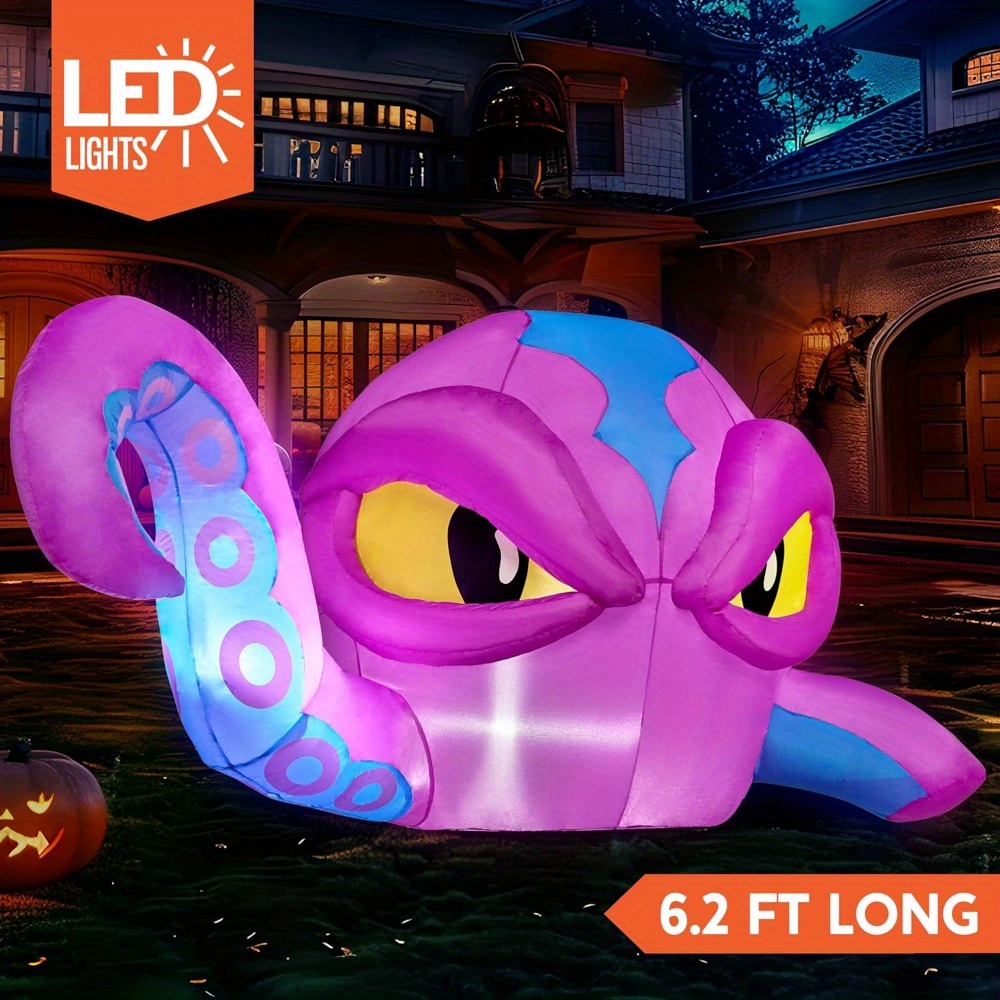 Diy Halloween Electronics - 高さ4フィートのハロウィン用インフレータブル紫色のタコの頭、触手が窓から飛び出す、LED内蔵、ハロウィン窓飾り、屋外庭園芝生パーティー装飾用